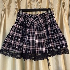 shein petite plaid print lace hem lace up front skirt